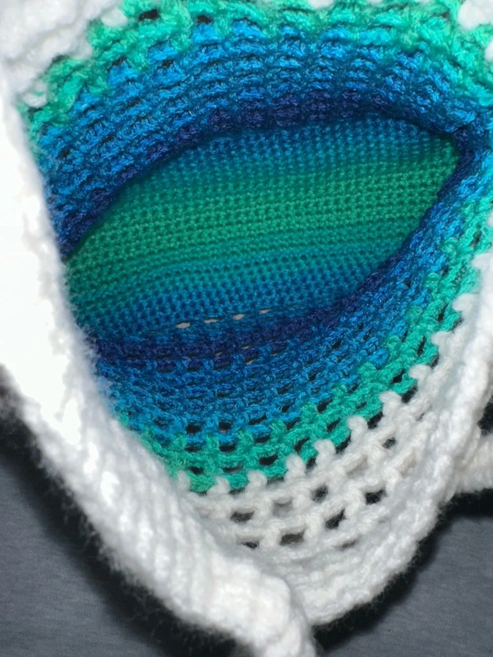 Handmade Crochet White Shades of Blue Green Small Fishnet Market Tote